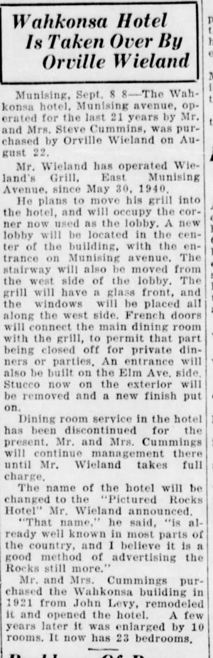 Wahkonsa Hotel (Wielands Pictured Rocks Hotel) - Sept 1942 Wieland Takes Over 